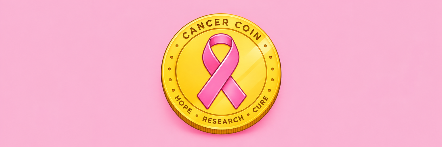 Gold Cancer Coin with a pink awareness ribbon and the words Hope, Research, Cure